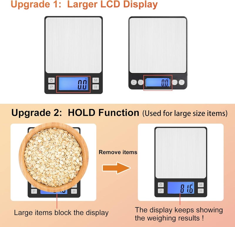 BOMATA Upgraded Small Food Scale, 0.1 g/0.001 oz High Precision, 3000 g/6.6 lb, with New Hold Function and Larger Display, USB Rechargeable, Digital Kitchen Scale for Small Item, Jewelry. Black - Image 2